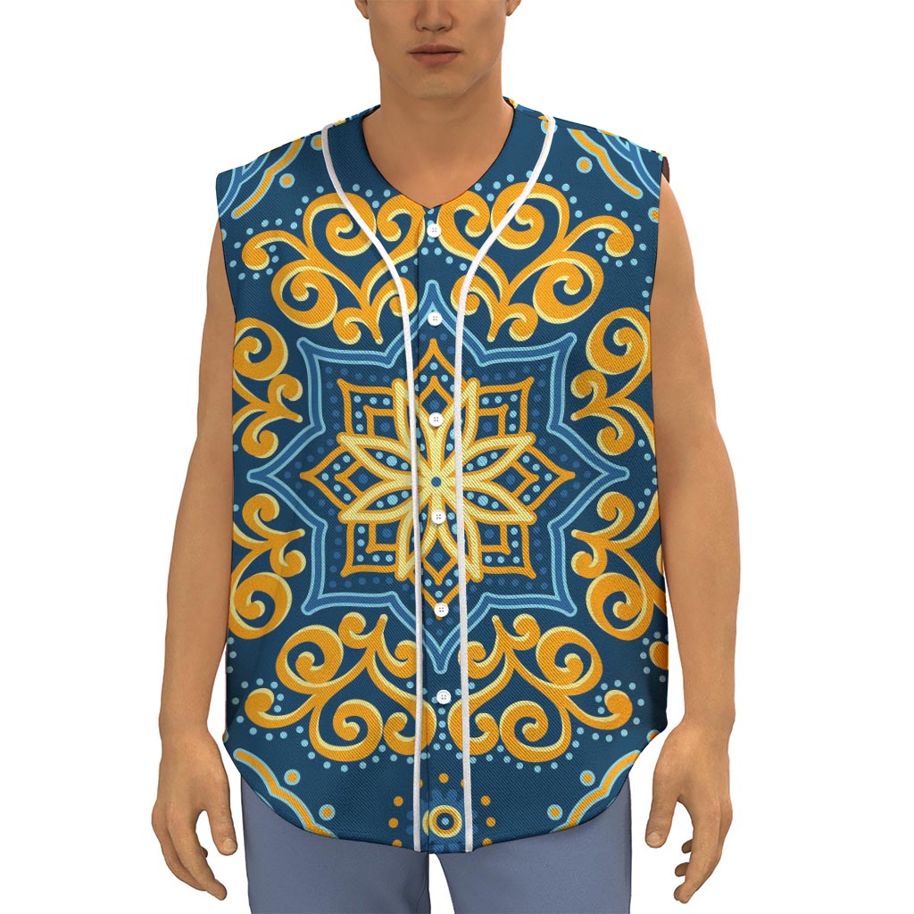 Blue And Gold Bohemian Mandala Print Sleeveless Baseball Jersey