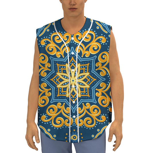 Blue And Gold Bohemian Mandala Print Sleeveless Baseball Jersey