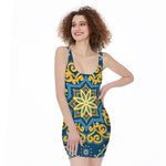 Blue And Gold Bohemian Mandala Print Sleeveless Bodycon Dress