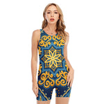 Blue And Gold Bohemian Mandala Print Sleeveless One Piece Swimsuit