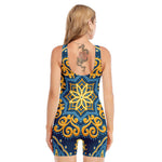 Blue And Gold Bohemian Mandala Print Sleeveless One Piece Swimsuit