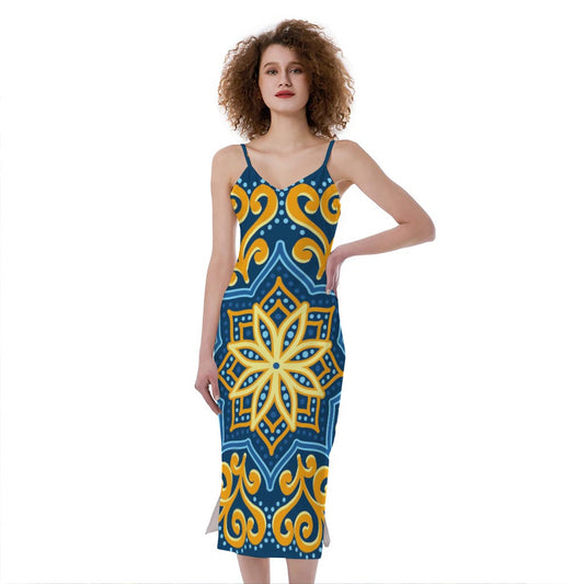 Blue And Gold Bohemian Mandala Print Slim Fit Midi Cami Dress