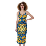 Blue And Gold Bohemian Mandala Print Slim Fit Midi Cami Dress