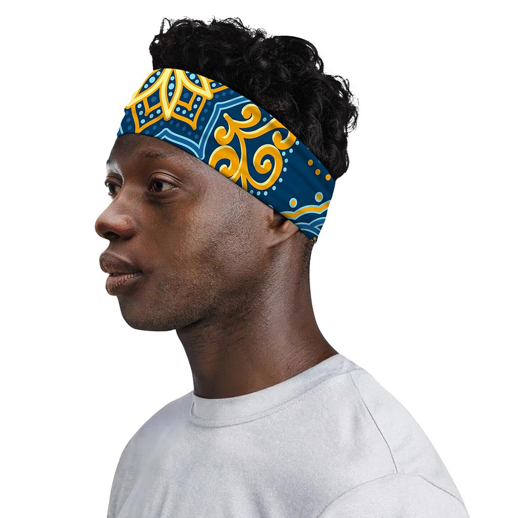 Blue And Gold Bohemian Mandala Print Sports Headband