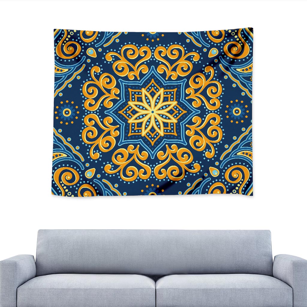 Blue And Gold Bohemian Mandala Print Tapestry