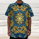 Blue And Gold Bohemian Mandala Print Textured Short Sleeve Shirt