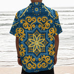 Blue And Gold Bohemian Mandala Print Textured Short Sleeve Shirt