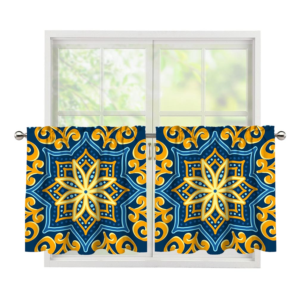 Blue And Gold Bohemian Mandala Print Tier Curtains