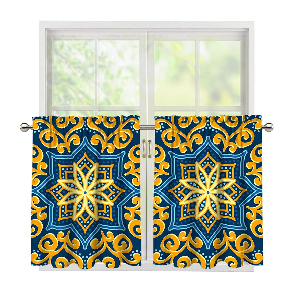 Blue And Gold Bohemian Mandala Print Tier Curtains