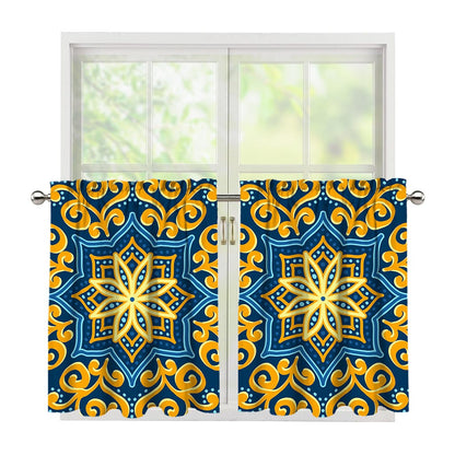 Blue And Gold Bohemian Mandala Print Tier Curtains