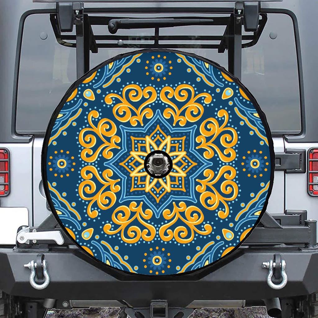 Blue And Gold Bohemian Mandala Print Tire Cover With Camera Hole