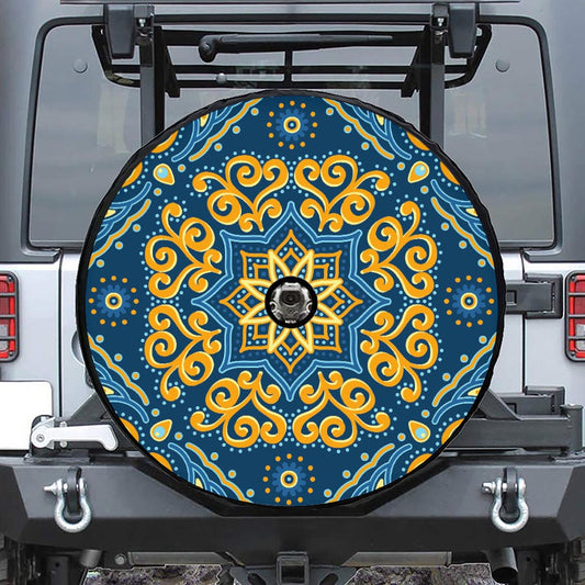 Blue And Gold Bohemian Mandala Print Tire Cover With Camera Hole