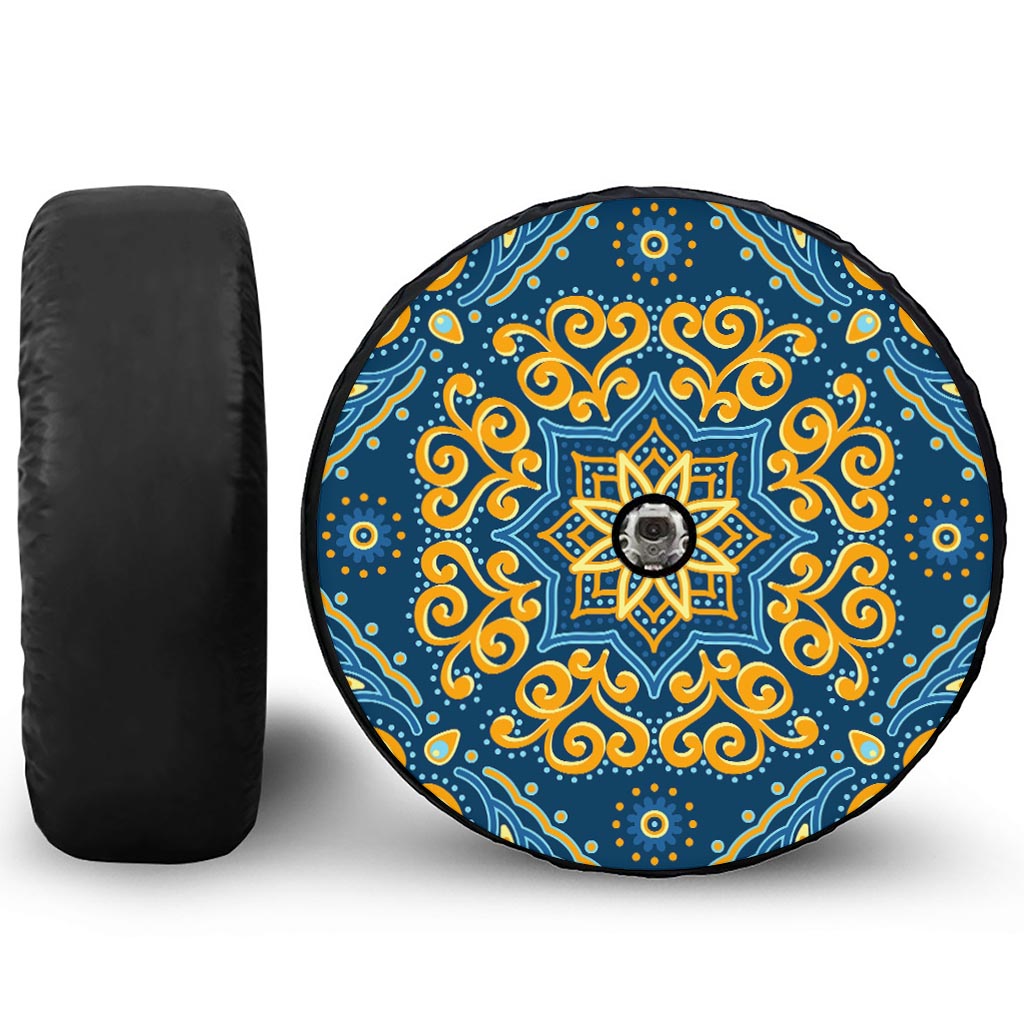 Blue And Gold Bohemian Mandala Print Tire Cover With Camera Hole