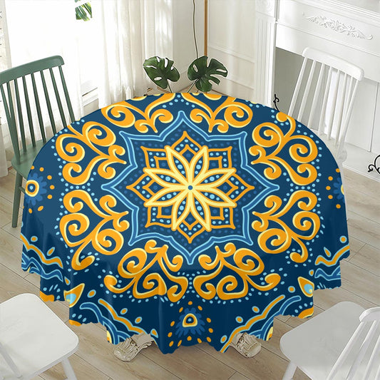 Blue And Gold Bohemian Mandala Print Waterproof Round Tablecloth