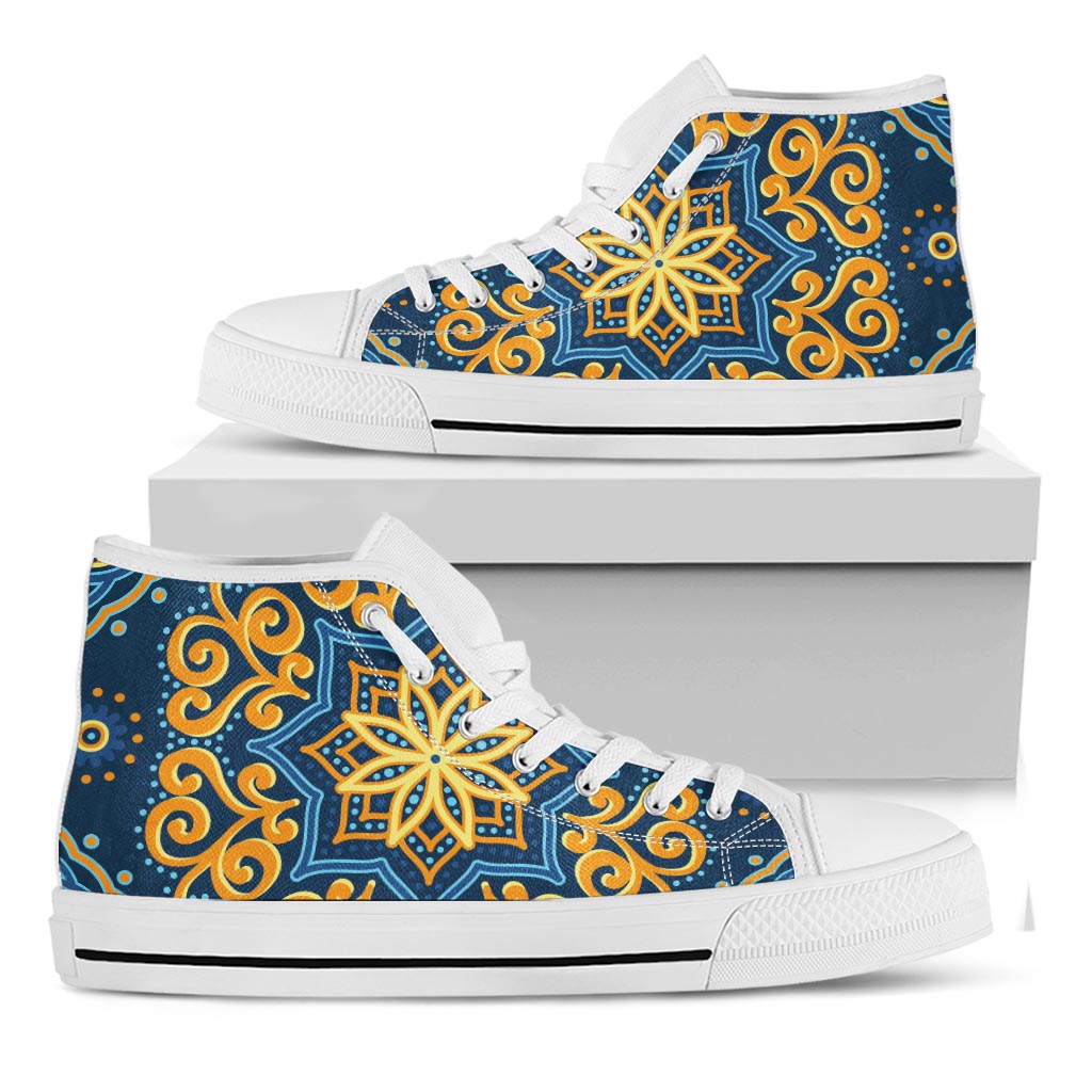 Blue And Gold Bohemian Mandala Print White High Top Sneakers