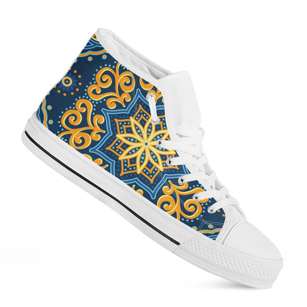 Blue And Gold Bohemian Mandala Print White High Top Sneakers