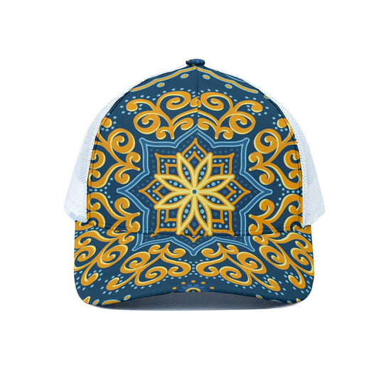 Blue And Gold Bohemian Mandala Print White Mesh Trucker Cap
