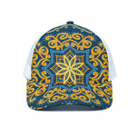 Blue And Gold Bohemian Mandala Print White Mesh Trucker Cap