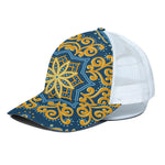 Blue And Gold Bohemian Mandala Print White Mesh Trucker Cap