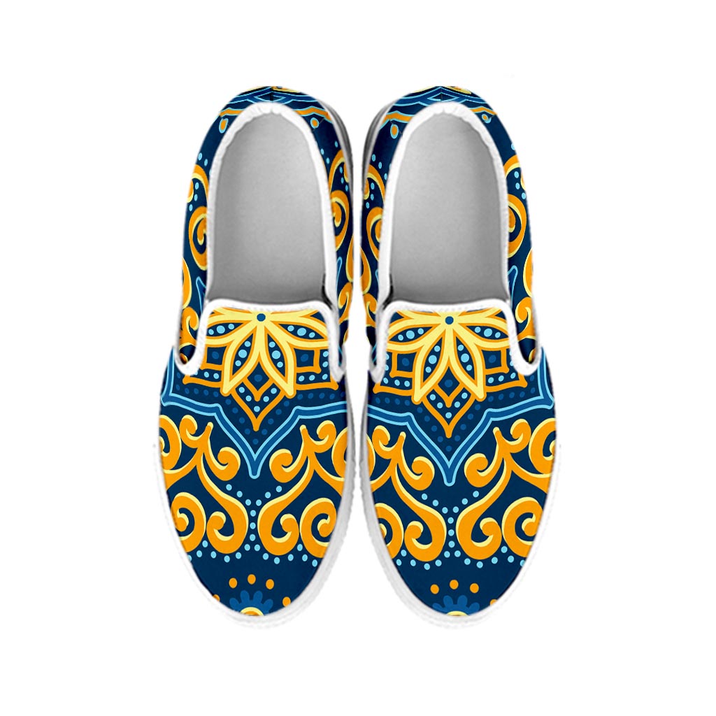 Blue And Gold Bohemian Mandala Print White Slip On Sneakers