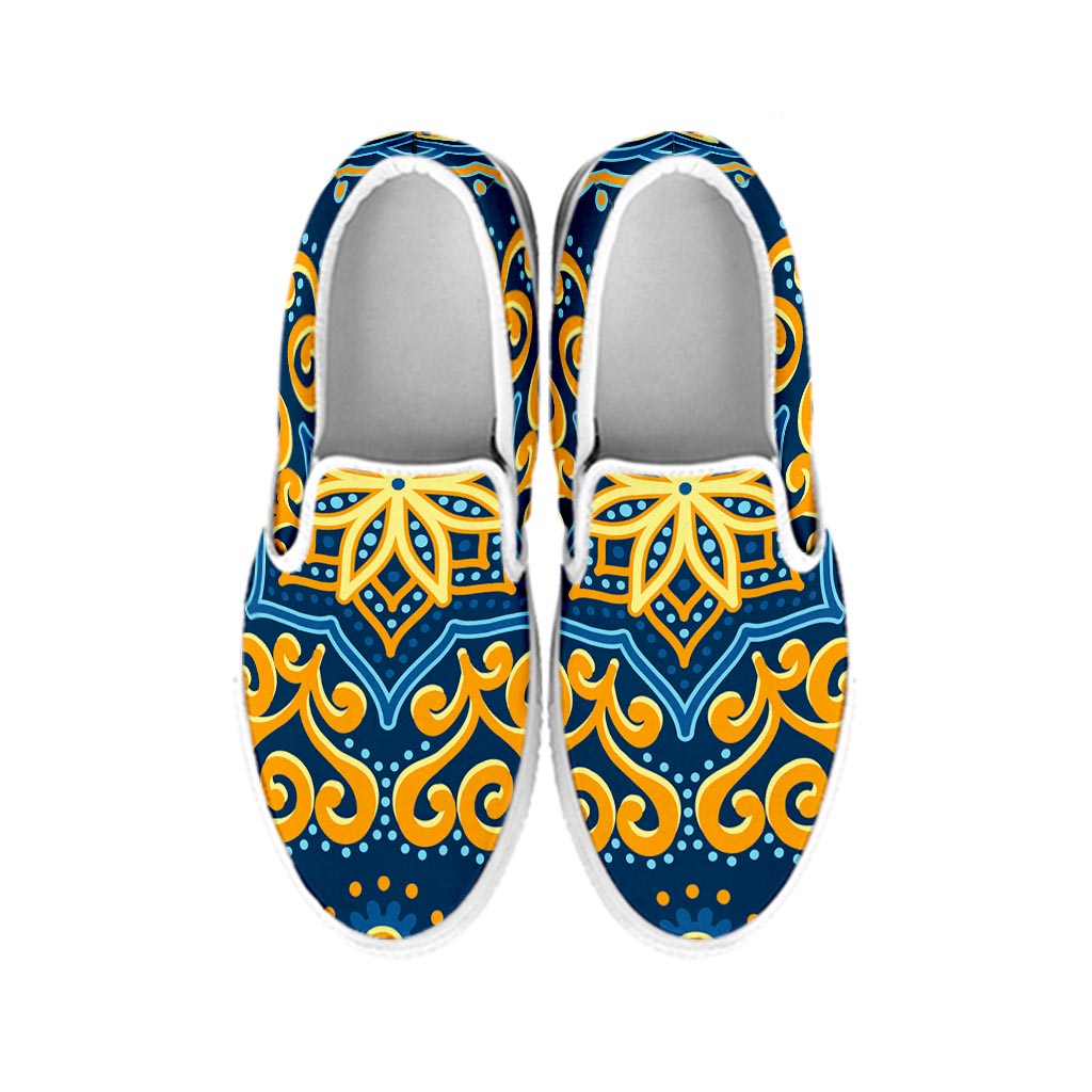 Blue And Gold Bohemian Mandala Print White Slip On Sneakers