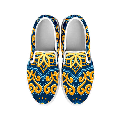 Blue And Gold Bohemian Mandala Print White Slip On Sneakers