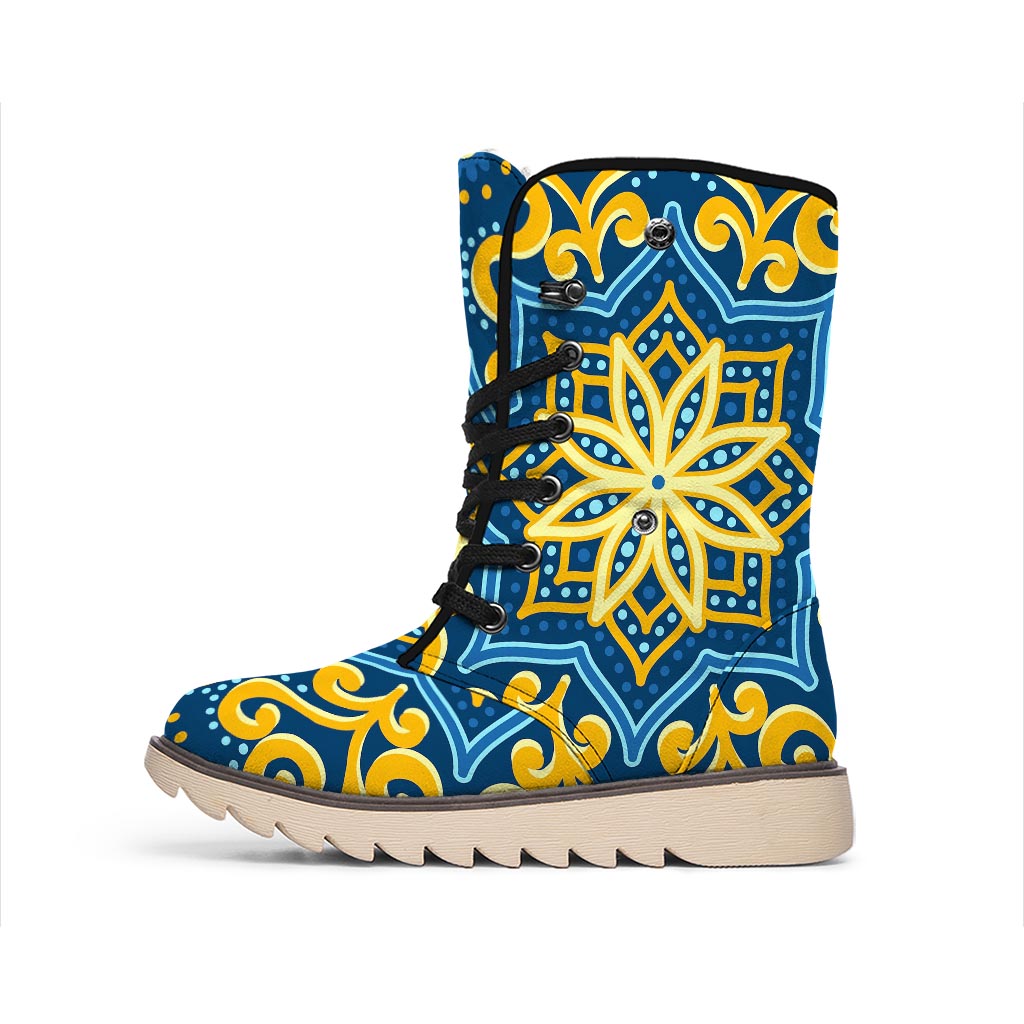 Blue And Gold Bohemian Mandala Print Winter Boots