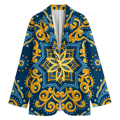 Blue And Gold Bohemian Mandala Print Women's Blazer