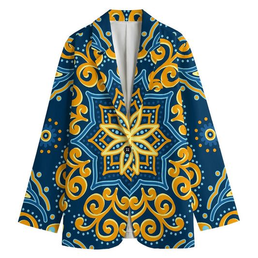 Blue And Gold Bohemian Mandala Print Women's Blazer
