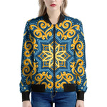 Blue And Gold Bohemian Mandala Print Women's Bomber Jacket