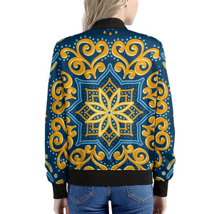 Blue And Gold Bohemian Mandala Print Women's Bomber Jacket