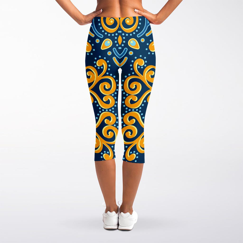 Blue And Gold Bohemian Mandala Print Women's Capri Leggings