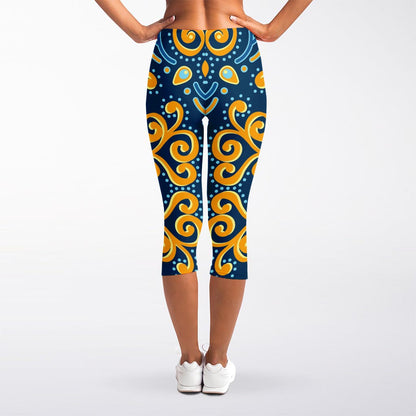 Blue And Gold Bohemian Mandala Print Women's Capri Leggings