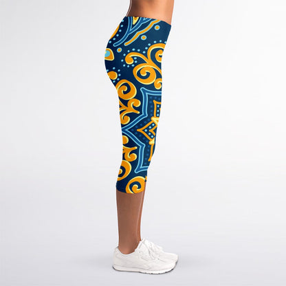 Blue And Gold Bohemian Mandala Print Women's Capri Leggings
