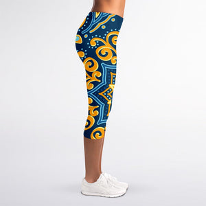 Blue And Gold Bohemian Mandala Print Women's Capri Leggings