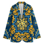 Blue And Gold Bohemian Mandala Print Women's Cotton Blazer