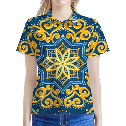 Blue And Gold Bohemian Mandala Print Women's Polo Shirt