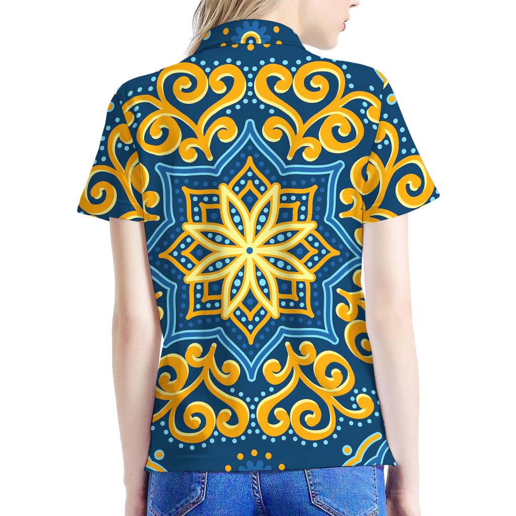 Blue And Gold Bohemian Mandala Print Women's Polo Shirt