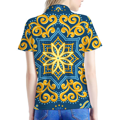 Blue And Gold Bohemian Mandala Print Women's Polo Shirt