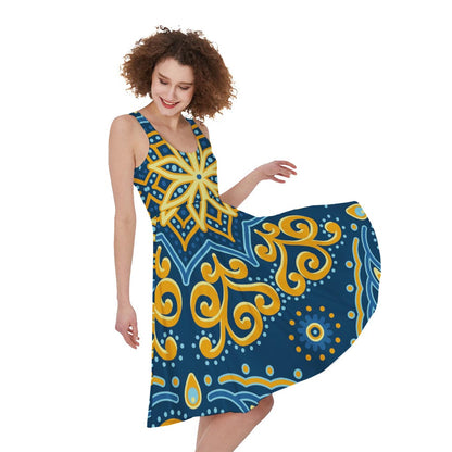 Blue And Gold Bohemian Mandala Print Women's Sleeveless Dress
