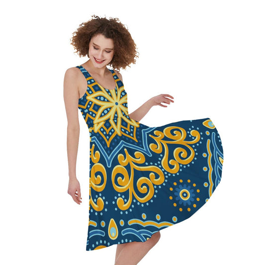 Blue And Gold Bohemian Mandala Print Women's Sleeveless Dress