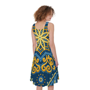 Blue And Gold Bohemian Mandala Print Women's Sleeveless Dress