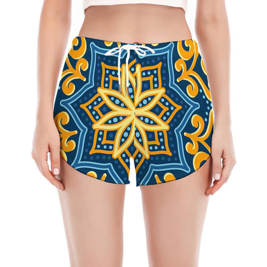 Blue And Gold Bohemian Mandala Print Women's Split Running Shorts