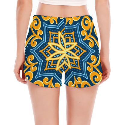 Blue And Gold Bohemian Mandala Print Women's Split Running Shorts
