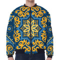 Blue And Gold Bohemian Mandala Print Zip Sleeve Bomber Jacket