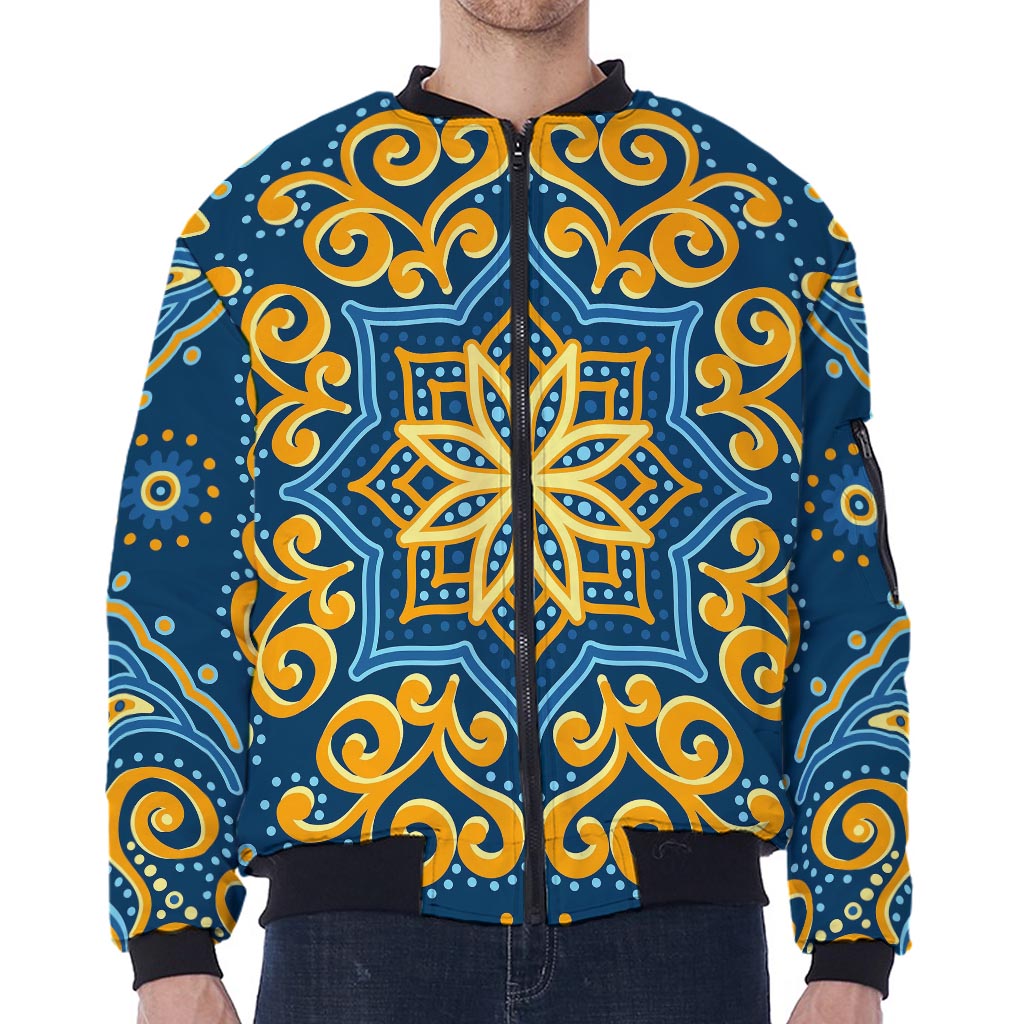 Blue And Gold Bohemian Mandala Print Zip Sleeve Bomber Jacket