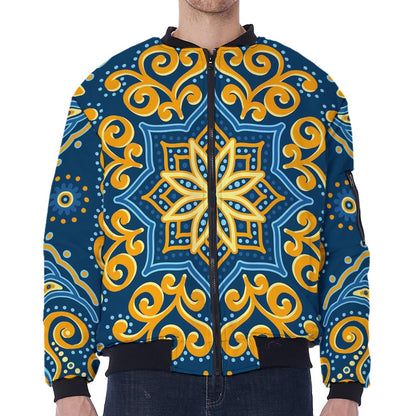 Blue And Gold Bohemian Mandala Print Zip Sleeve Bomber Jacket
