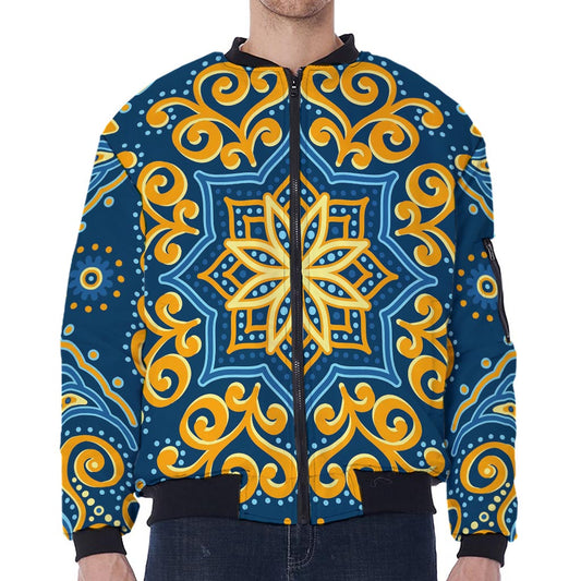 Blue And Gold Bohemian Mandala Print Zip Sleeve Bomber Jacket