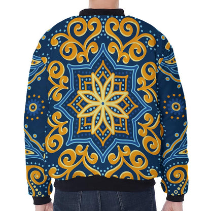 Blue And Gold Bohemian Mandala Print Zip Sleeve Bomber Jacket