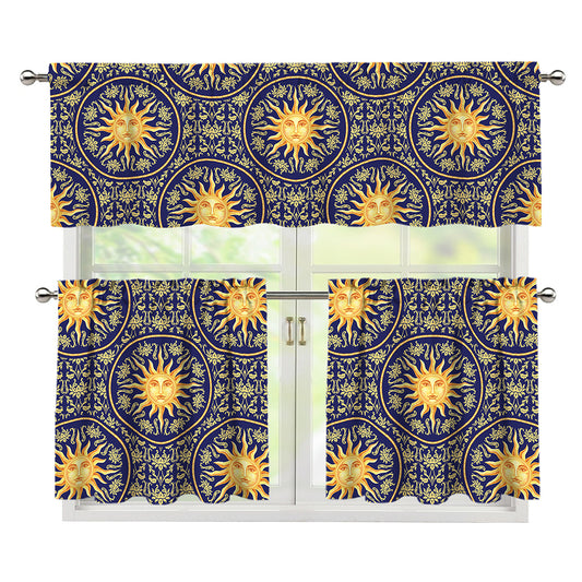 Blue And Gold Celestial Pattern Print 3 Piece Kitchen Curtains